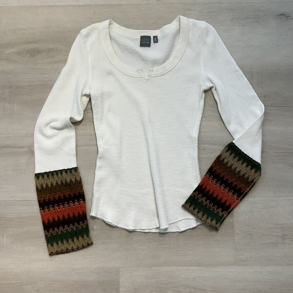Saks Fifth Avenue Gray Waffle Knit Pure cotton V Neck Thermal Henley Med Beige